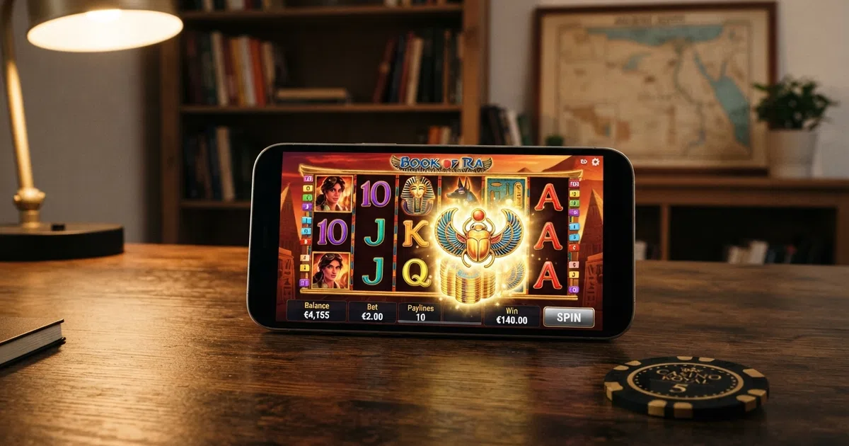 Book of Ra gokkast met oud-Egypte thema op een scherm, expanding symbol in beeld