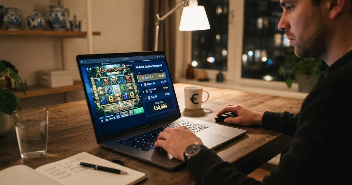 Een online casino toernooi-interface op een laptopscherm met een leaderboard, prijzenpot en actieve spelersranglijst