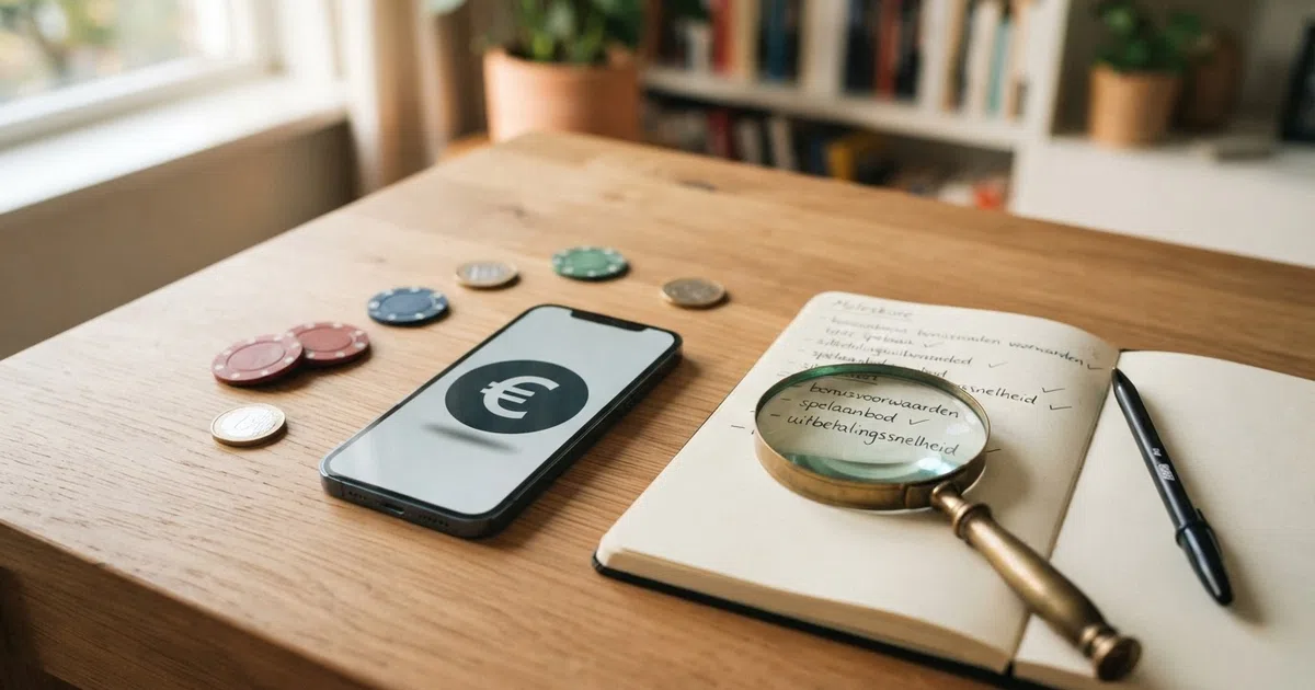 Een overzichtelijke rij Nederlandse online casino-keurmerken en een vergrootglas boven een bonusvoorwaarden-pagina