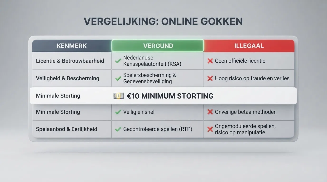 Een overzichtelijke vergelijking van casino-merknamen met groene vinkjes voor legale aanbieders en rode kruisjes voor aanbieders zonder KSA-vergunning, met €10 als stortingsbedrag centraal