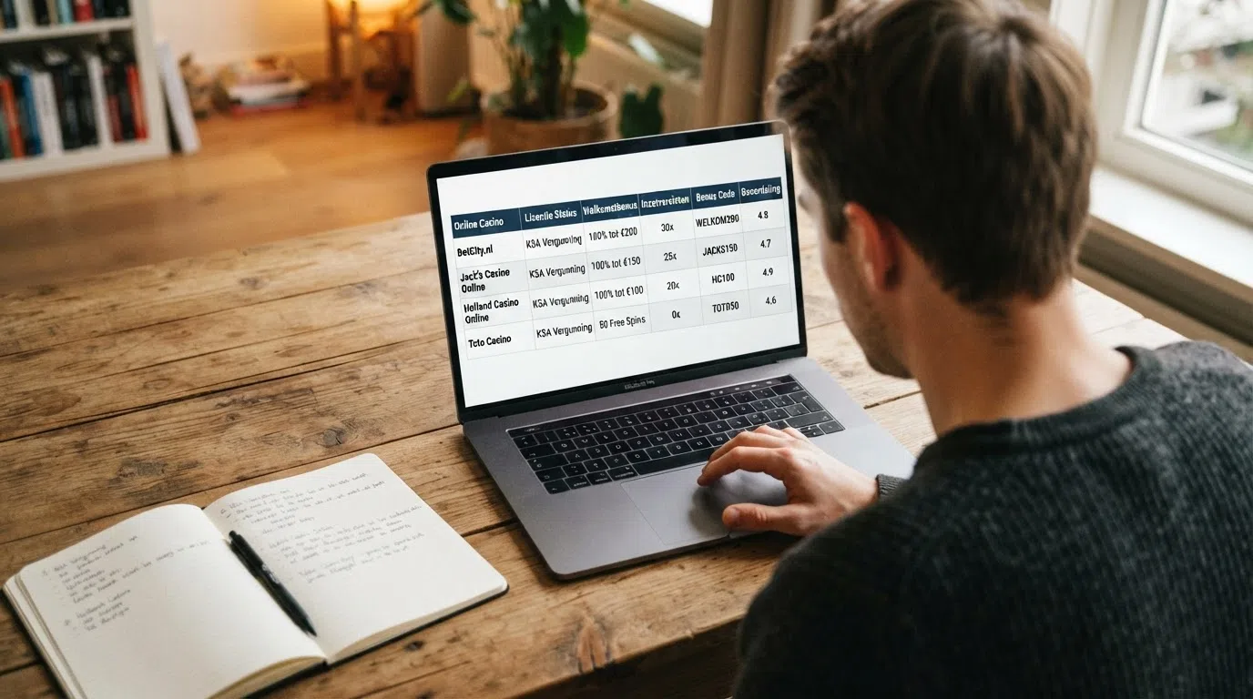 Een overzichtelijke vergelijkingstabel van Nederlandse online casino's met Pragmatic Play, met kolommen voor vergunning, bonus en voorwaarden