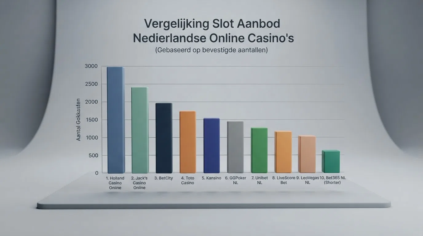 Een tabel die tien Nederlandse online casino's met vergunning en spelproviders naast elkaar zet