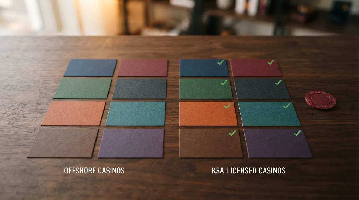 Een overzichtelijk raster van casinologo's, duidelijk gesplitst in twee groepen: links de offshore-merken, rechts de KSA-vergunde aanbieders met een groen vinkje bij CRUKS-controle