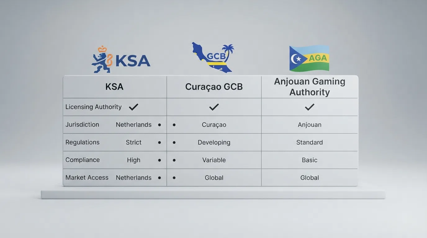 Een overzichtelijke vergelijkingstabel met licentielogo's van de KSA, Curaçao Gaming Control Board en Anjouan naast elkaar