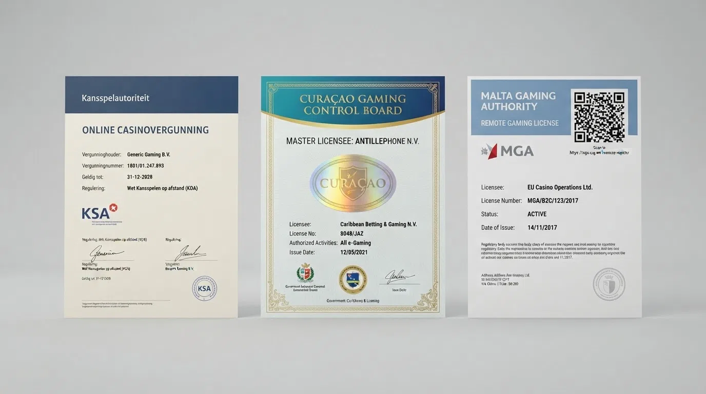 Drie vergunningsdocumenten naast elkaar: een KSA-vergunning, een Curaçaose e-gaming licentie en een MGA-certificaat, met de tekst 'Welke beschermt de Nederlandse speler?'