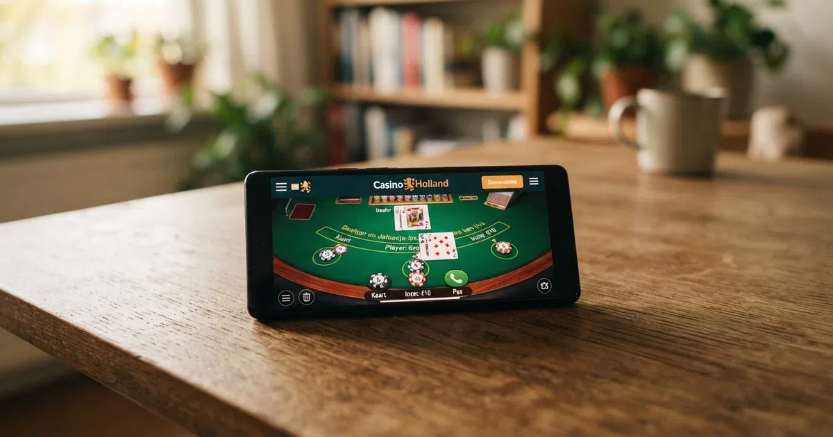 Een smartphone met daarop het startscherm van een Nederlands online casino en een meldingsicoon dat een contactmoment aankondigt