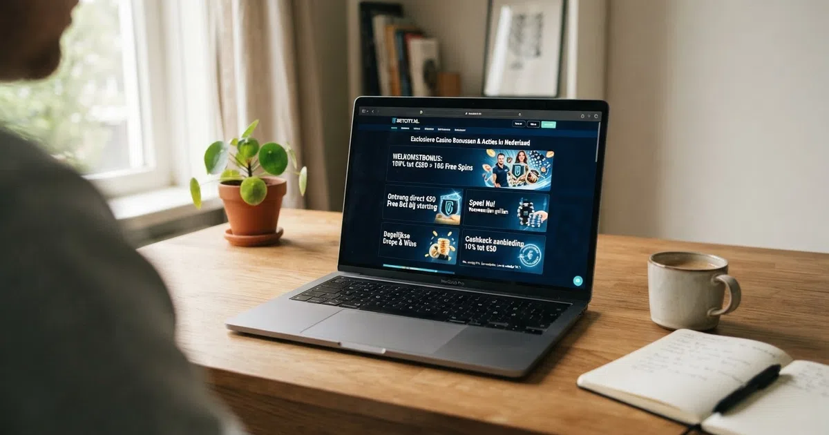 Een overzicht van online casino-aanbiedingen op een beeldscherm, met bonusbedragen en voorwaarden zichtbaar