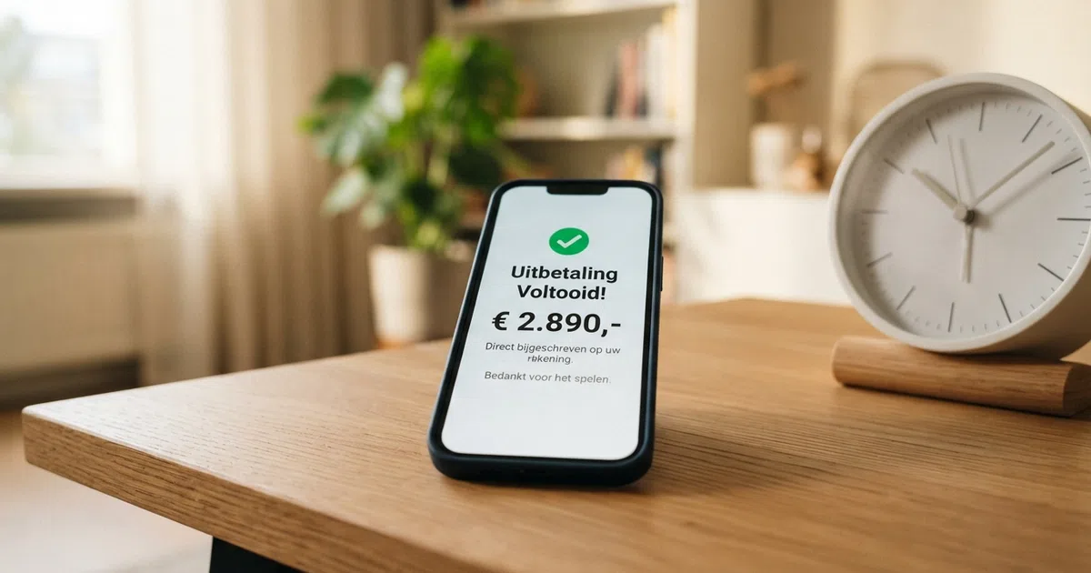 Een klok naast een smartphone met een Nederlandse casino-uitbetalingsbevestiging op het scherm en het euroteken zichtbaar