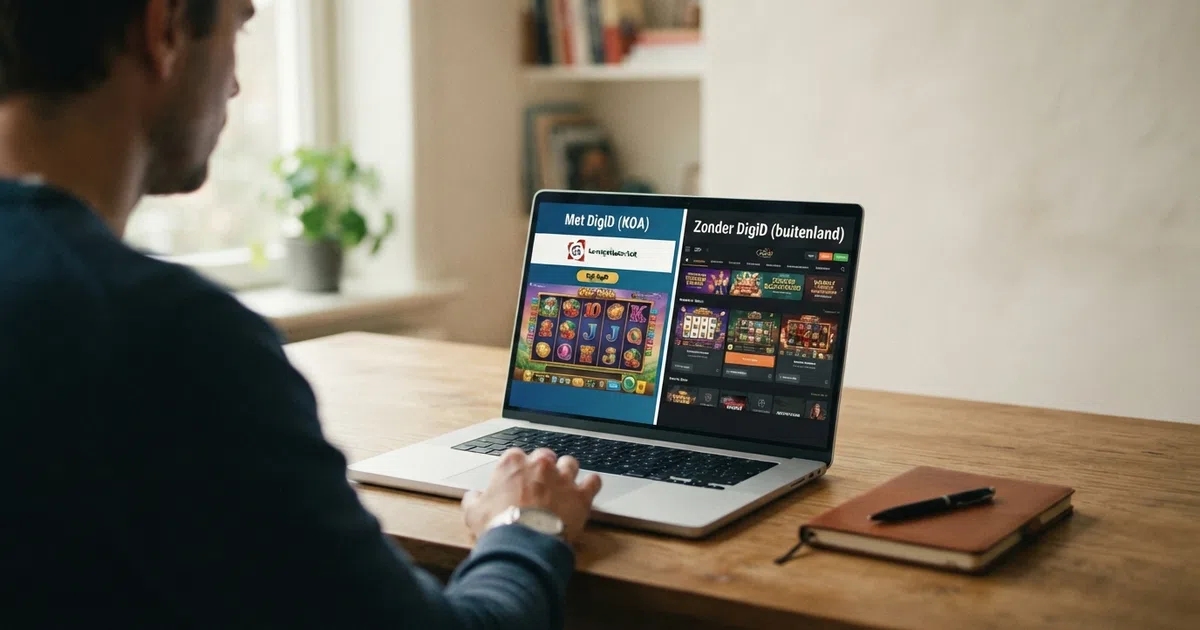 Een Nederlandse speler achter een laptop met op het scherm een keuze tussen een slot met het label “Met DigiD (KOA)” en een slot met “Zonder DigiD (buitenland)”