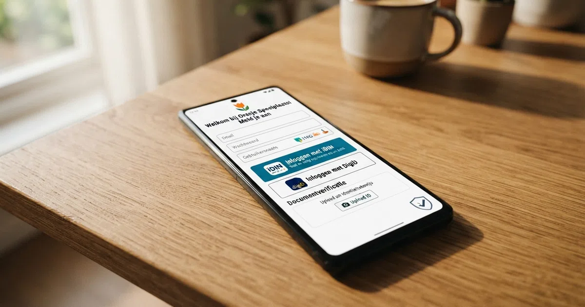 Een registratiescherm van een Nederlands online casino met de iDIN-knop, DigiD-optie en documentupload in beeld, met het Ksa-logo zichtbaar