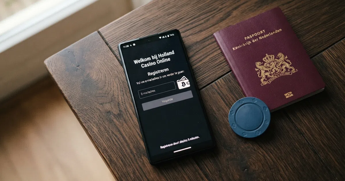 Een close-up van een smartphone-scherm met een casino-registratieformulier, met daarnaast een Nederlands paspoort en een crypto wallet-icoon — de twee routes naast elkaar