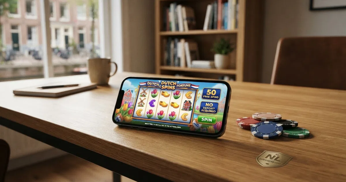 Een overzicht van Nederlandse online casino-interface met gratis spins, een mobiele telefoon met een gokkast erop en het KSA-logo