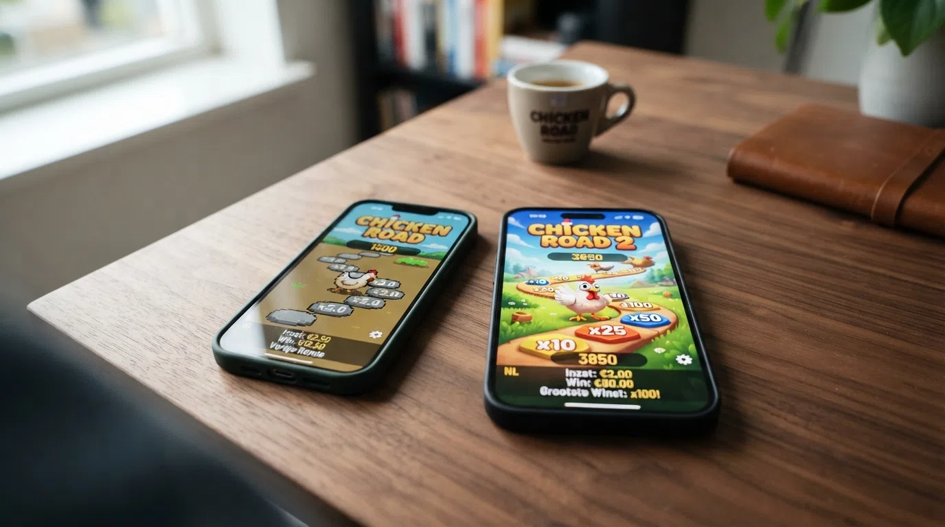 Screenshot van Chicken Road 2 naast het origineel, met zichtbare verschillen in interface en multiplier-weergave