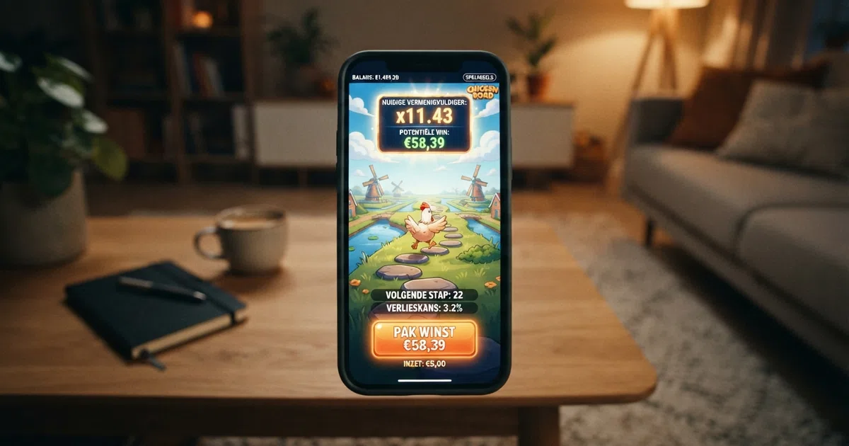 Een screenshot van het Chicken Road-spelscherm met de kip op het stappenspoor, de actuele multiplier bovenaan en de uitcashen-knop zichtbaar