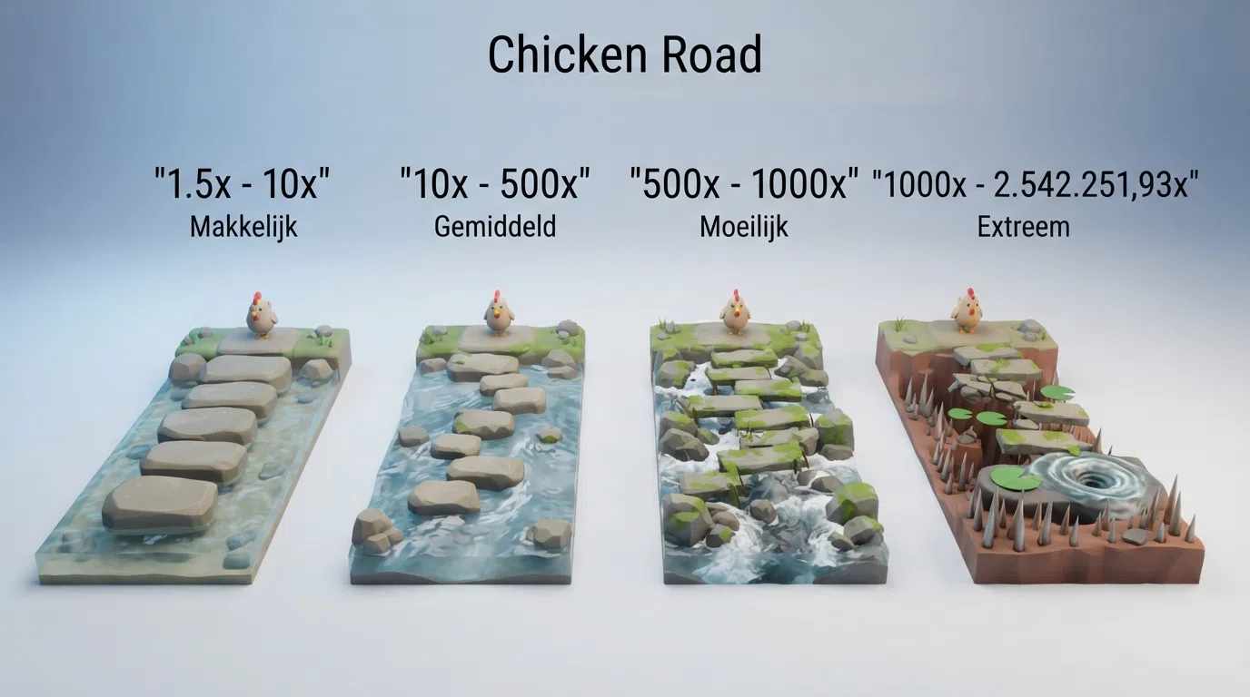 Overzicht van de vier moeilijkheidsgraden (Easy, Medium, Hard, Hardcore) met het bijbehorende aantal stappen en multiplierbereik per niveau