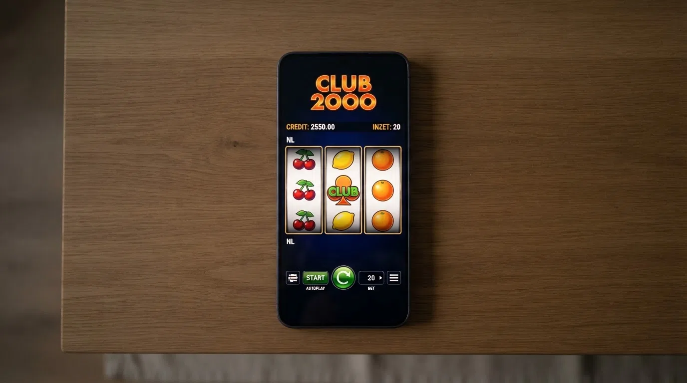 Het demo-startscherm van Club 2000 met een speelgeld-saldo, de inzetkiezer en de draaiknop onder de rollen