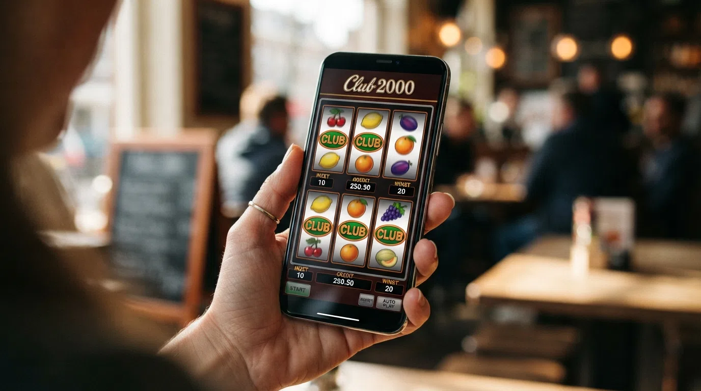 Club 2000 op een smartphone in portretmodus, met de Touch-interface en de twee Twin Player-rollen zichtbaar