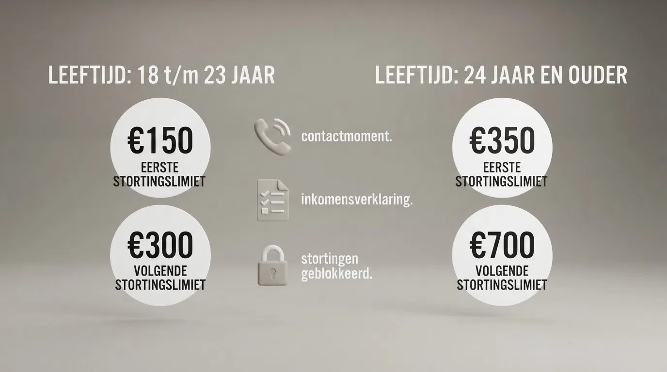 Een overzichtelijke weergave van de twee drempelbedragen (€350 en €700) voor 24-plussers en jongvolwassenen, met pictogrammen voor een telefoongesprek, een document en een slot