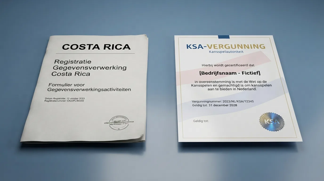 Een schematische vergelijking tussen de kenmerken van een Costa Rica data-processing registratie en een Nederlandse KSA-vergunning — toezichthouder, spelersbescherming, Cruks, belasting en geschillenbeslechting