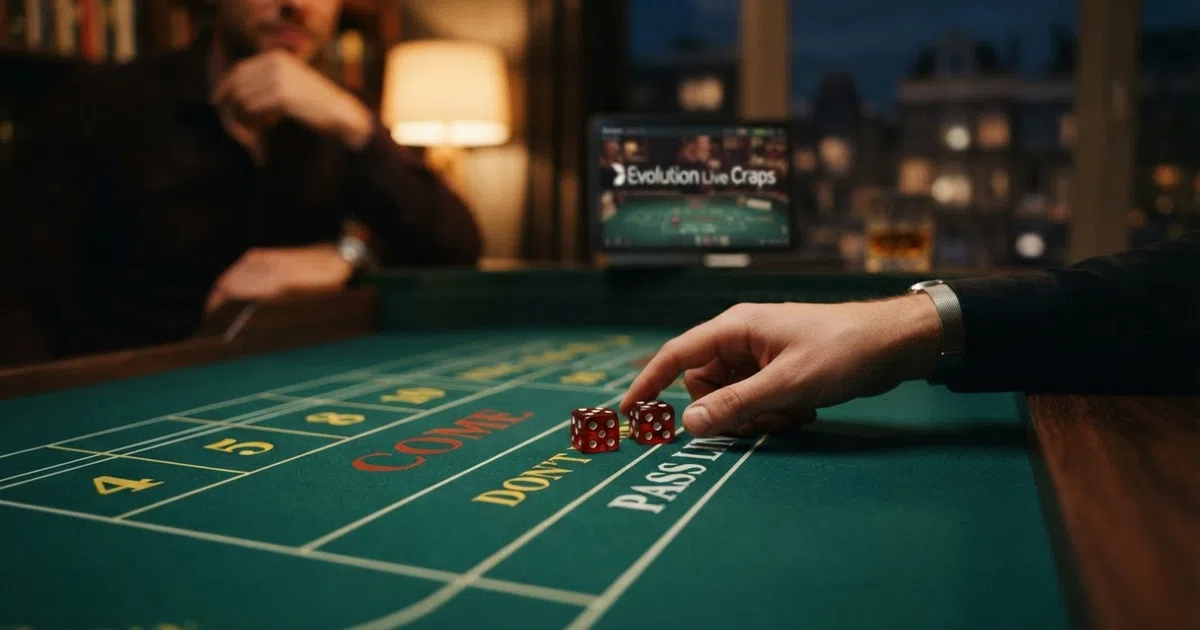 Een close-up van twee dobbelstenen op een groene craps-tafellayout, met het Pass Line-vak duidelijk leesbaar en de rest van de tafel onscherp op de achtergrond