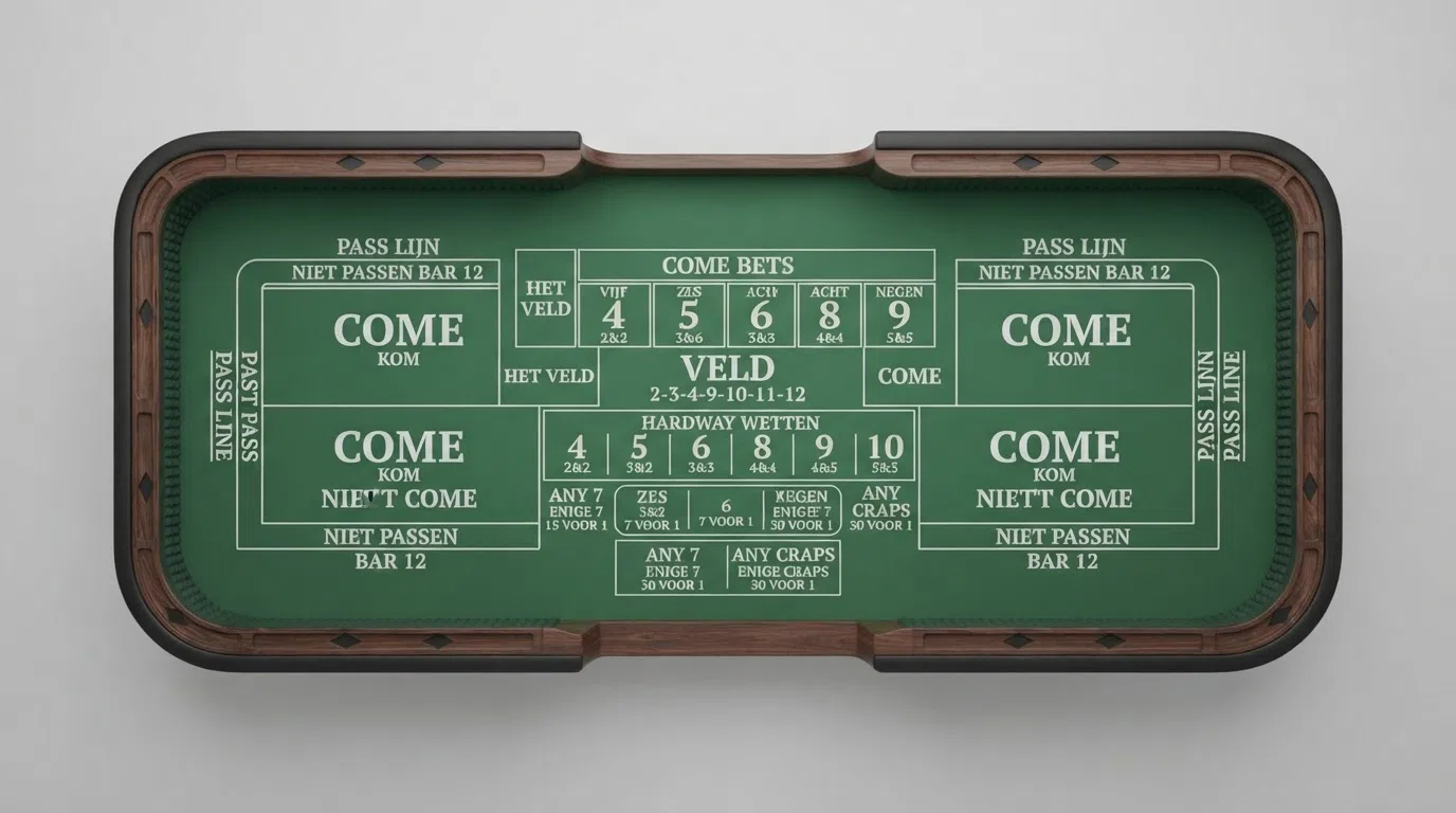 Een overzichtelijke weergave van de volledige craps-layout met de Pass Line, Don't Pass, Come, Field en getallenvakken gemarkeerd en benoemd