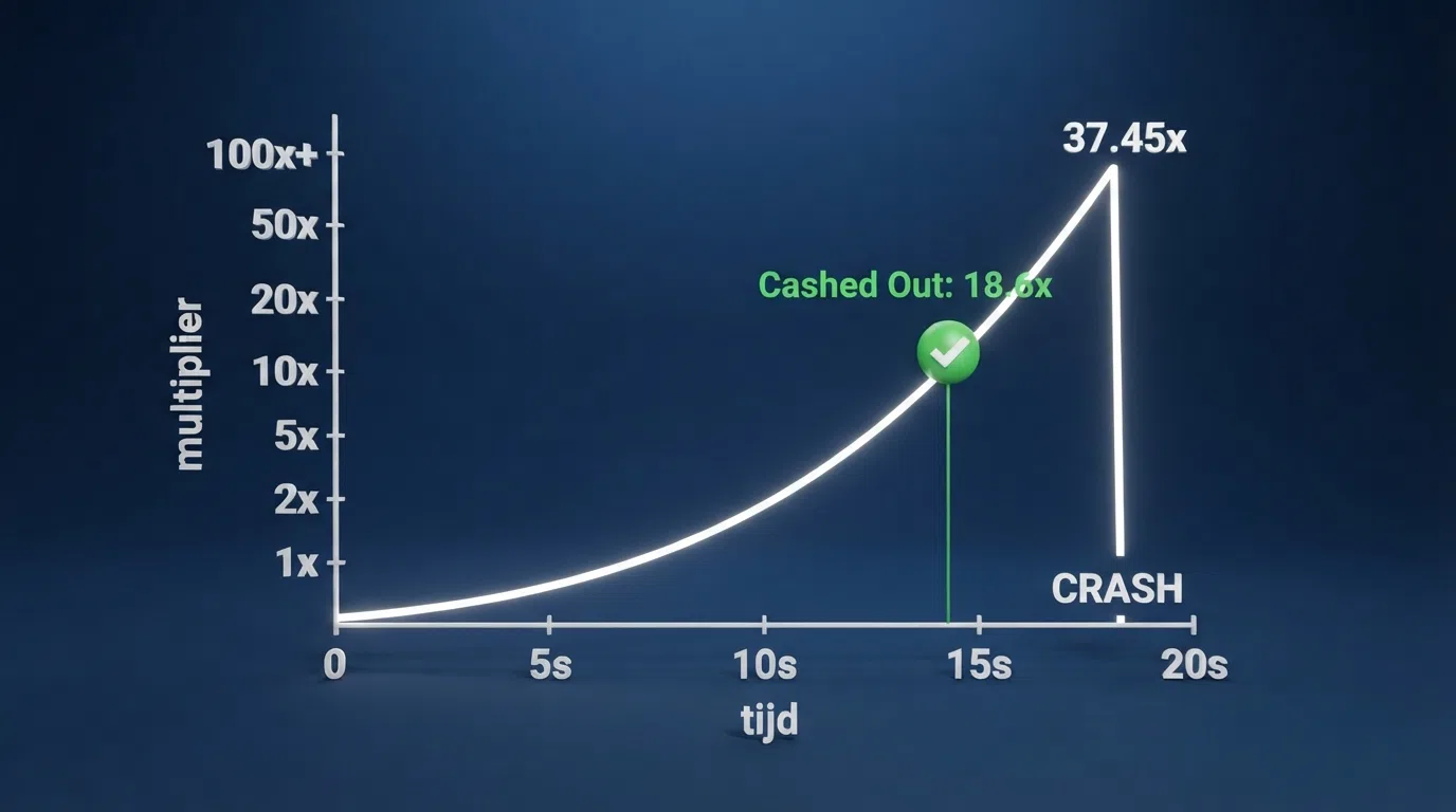 Een schematische weergave van een crash game-multipliergrafiek met het crash-punt en een gemarkeerd cashout-moment