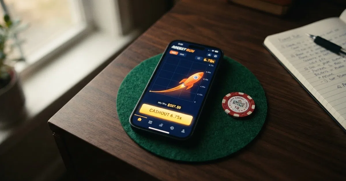 Een oplopende crash game-multiplier op een smartphonescherm, met de cashout-knop in beeld