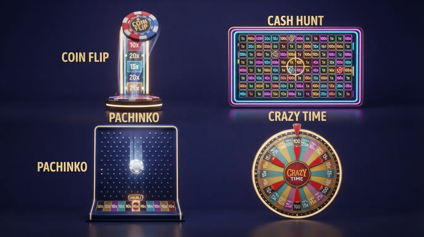 De vier Crazy Time-bonusspellen in actie: Coin Flip met de virtuele munt, Cash Hunt met de schietgalerij, Pachinko met het puck-bord, en het Crazy Time-bonusrad met drie flappers