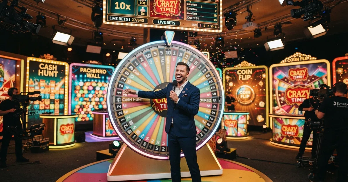 Het Crazy Time-rad van fortuin in de Evolution Gaming-studio met een presentator die de ronde leidt, omringd door de vier bonusspel-zones en de 54 segmenten van het rad