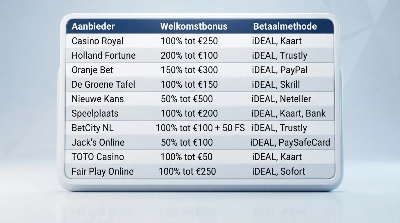 Een overzichtelijke vergelijkingstabel met de logo's van de besproken casino's naast kolommen voor bonus en creditcardacceptatie