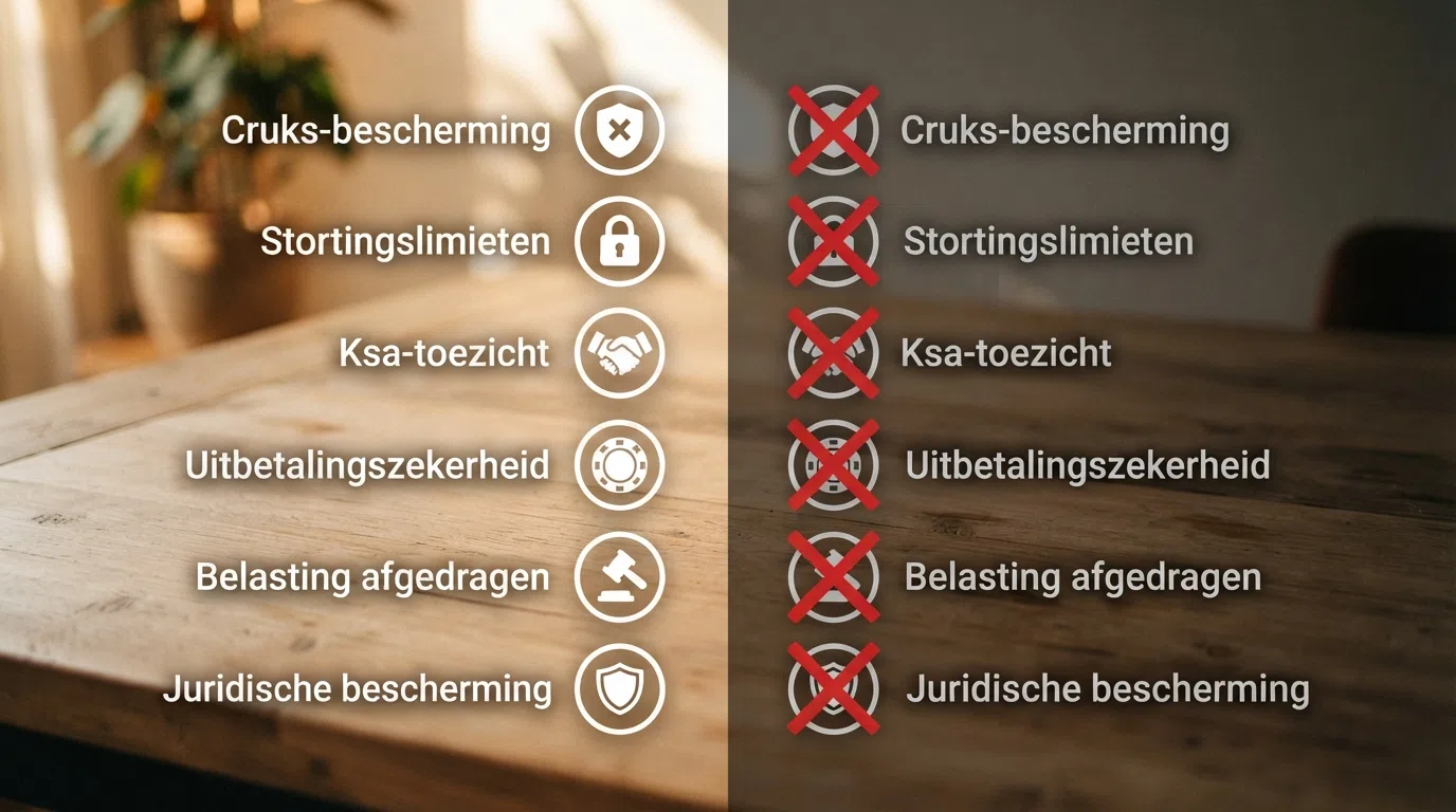 Een visuele vergelijking: links de zes beschermingslagen bij een Ksa-vergunninghouder, rechts dezelfde zes lagen doorgestreept bij een illegaal casino