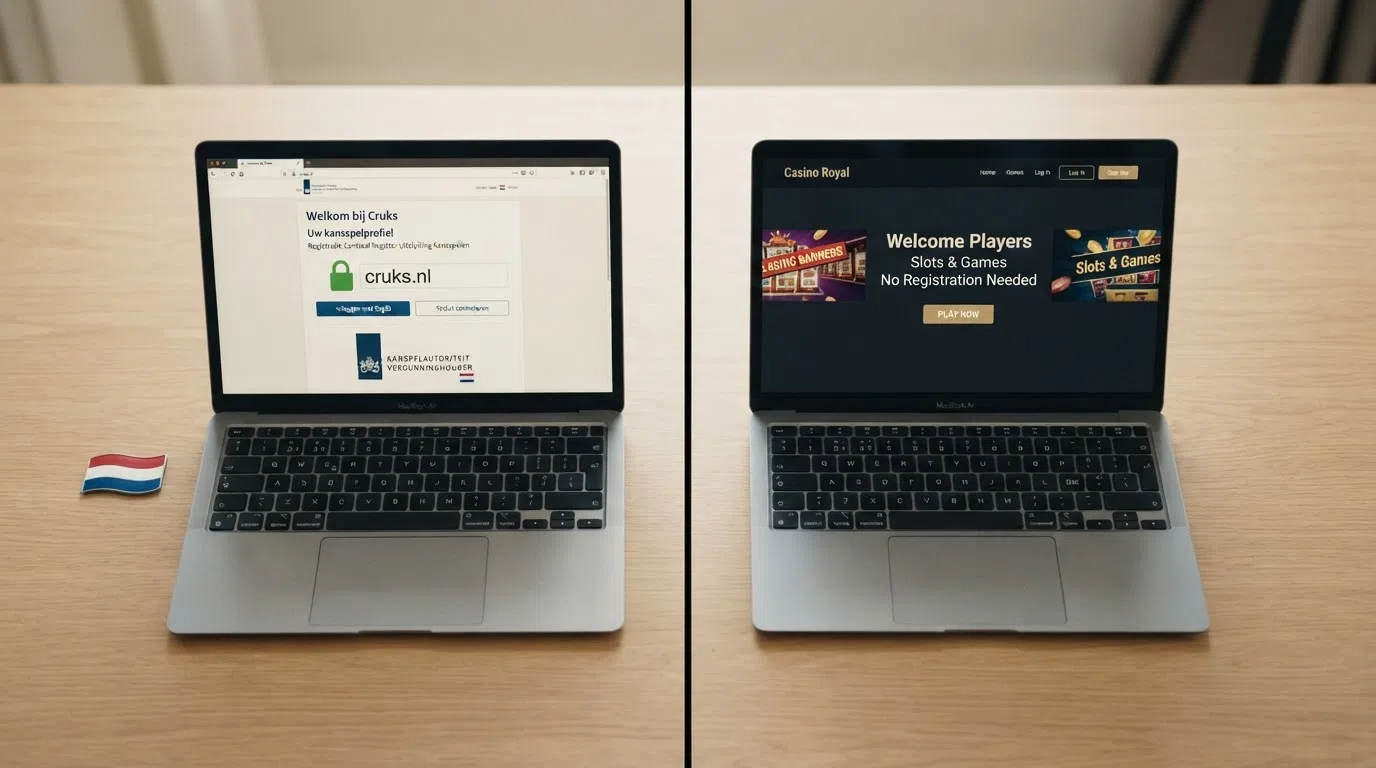 Een gesplitst beeld: links het Cruks-logo op een Nederlandse laptop met een groen slot, rechts een anoniem casino-startscherm zonder enige beschermingsindicator