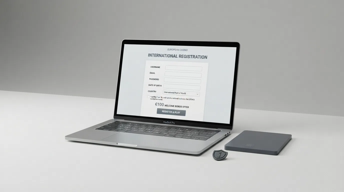 Een screenshot van een buitenlands casino-registratiescherm zonder CRUKS-controle, naast het KSA-logo