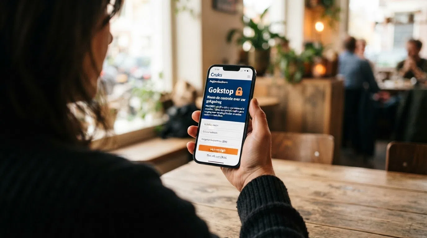 Een smartphone met daarop het Cruks-registratiescherm en een hangslot-icoon, met de tekst 'Gokstop' en een teller boven de 100.000