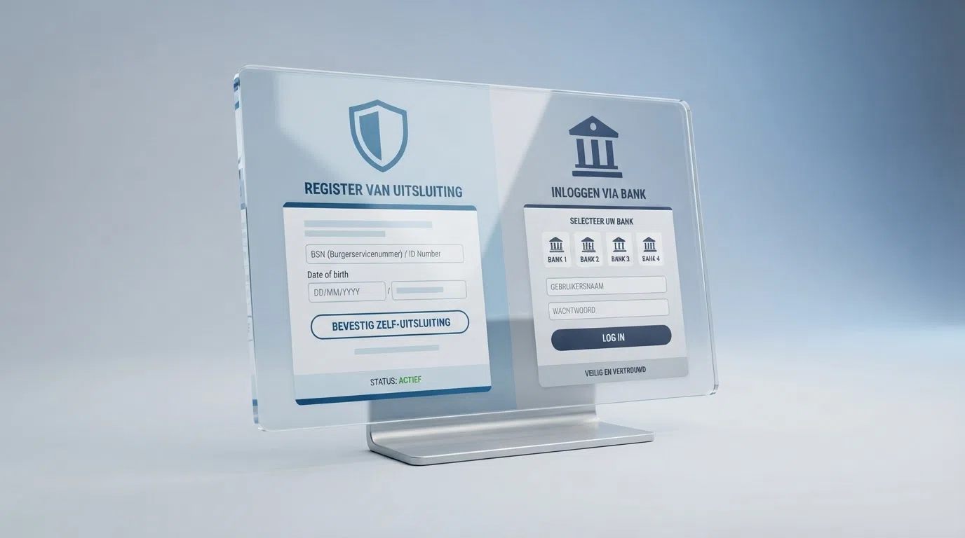 Het CRUKS-register op een beeldscherm naast het KSA-logo en een iDIN-inlogscherm