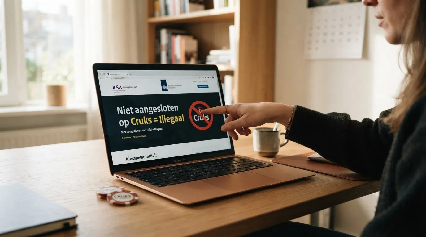 Het logo van de Kansspelautoriteit naast het Cruks-logo, met daaronder de tekst “Niet aangesloten op Cruks = Illegaal” in een waarschuwingskader