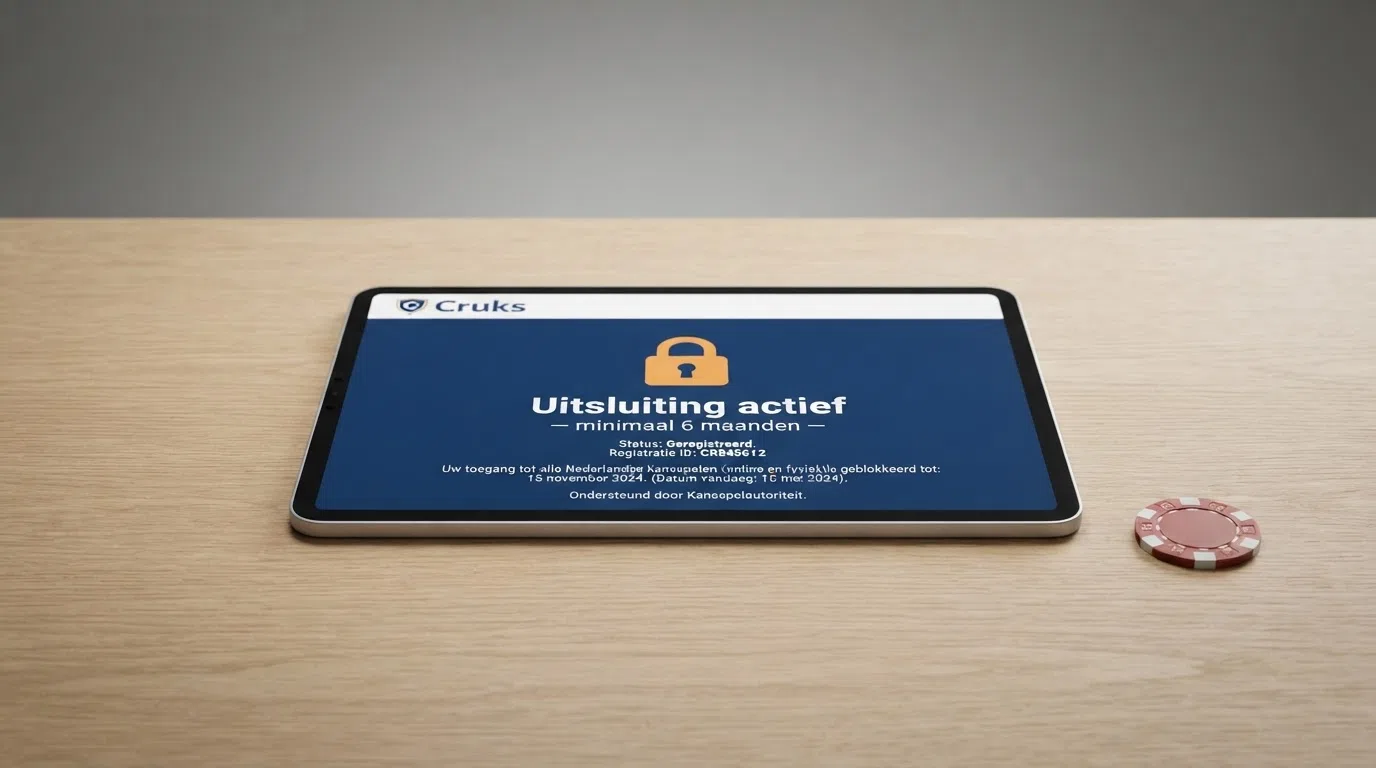 Het registratiescherm van het Centraal Register Uitsluiting Kansspelen met een hangslot-icoon en de tekst “Uitsluiting aktief — minimaal 6 maanden”