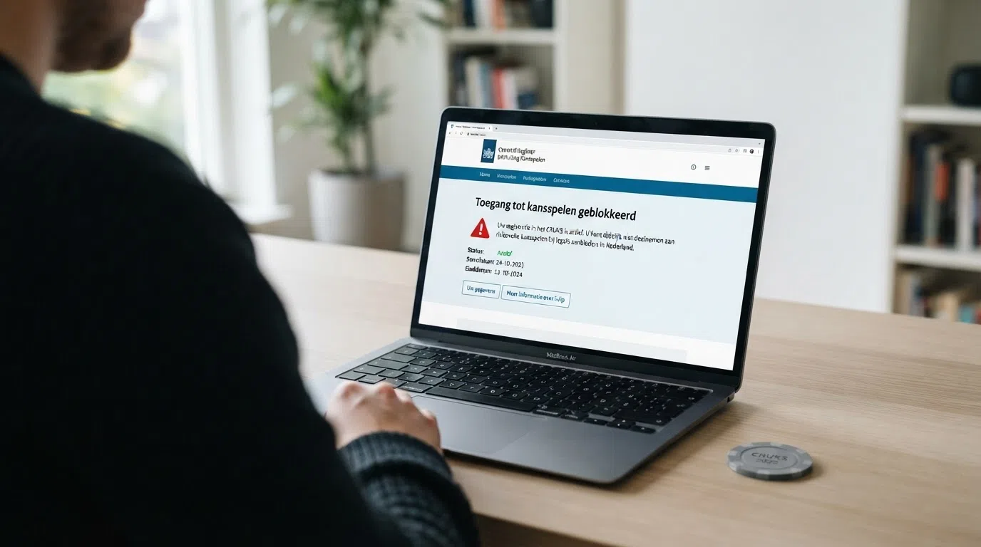 Een laptopscherm met de CRUKS-website en daarnaast een casino-interface met een rood waarschuwingsicoon voor een geblokkeerde registratie