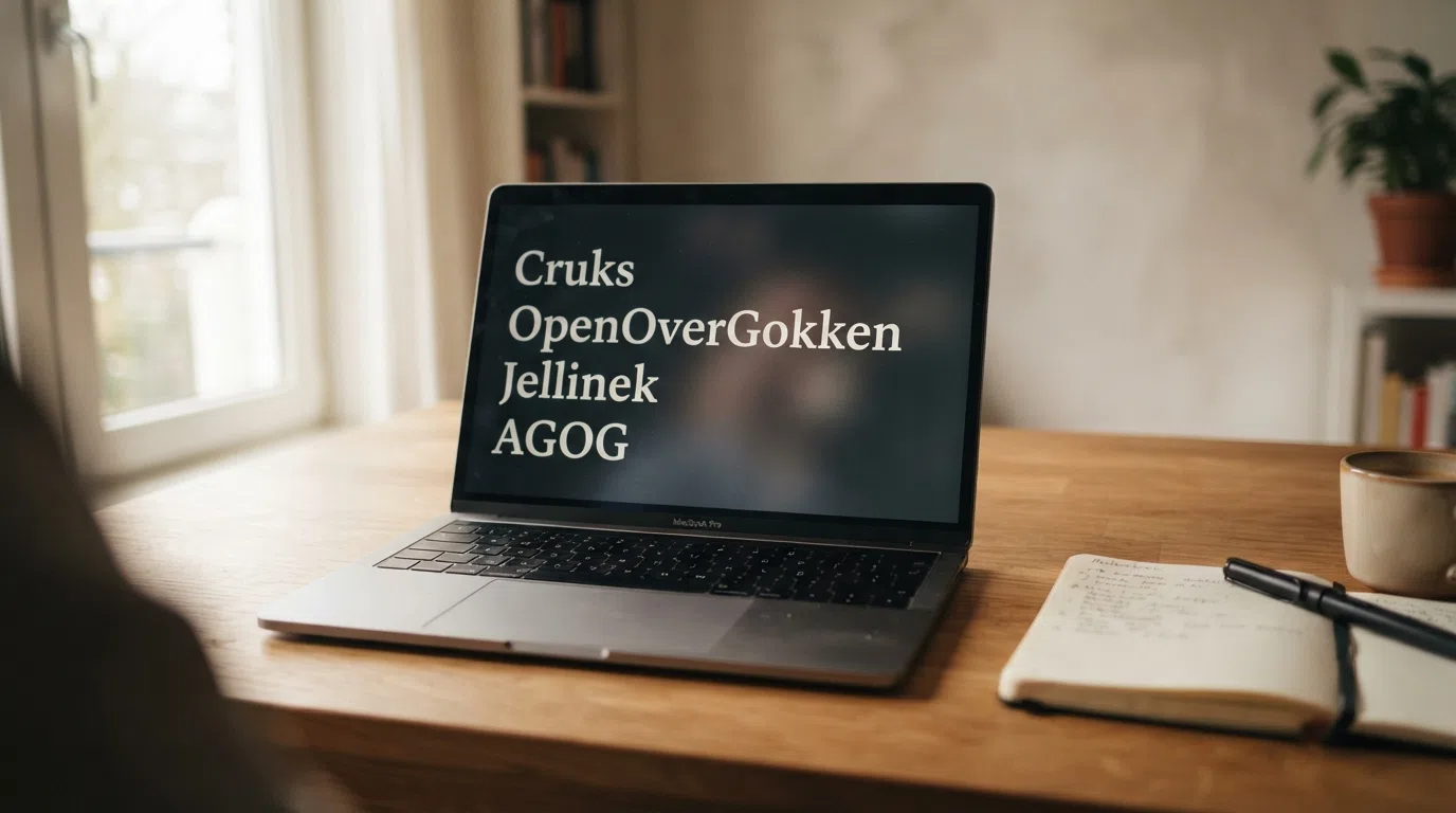 Een overzichtelijke weergave van de Nederlandse hulpbronnen bij gokproblemen: het Cruks-logo centraal, daaromheen OpenOverGokken, Jellinek en AGOG