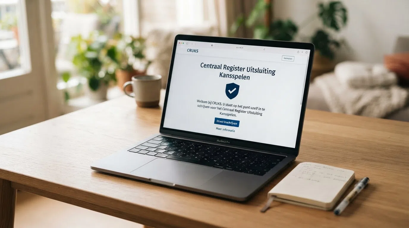 Een schermafbeelding van de CRUKS-registratiepagina met het Nederlandse wapenschild en de tekst “Centraal Register Uitsluiting Kansspelen”