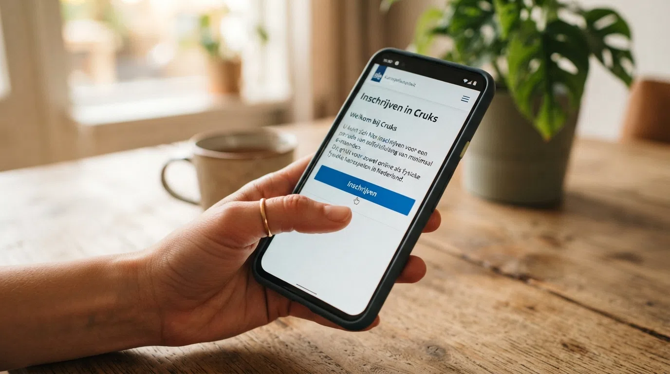 Een schermafbeelding van de Cruks-inschrijfpagina met een muiscursor boven de knop 'inschrijven'.