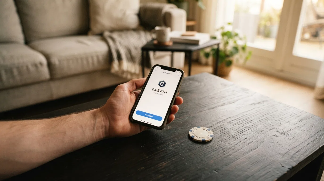 Een smartphone met daarop een crypto-wallet en een casinowerf — de schakel tussen anoniem betalen en anoniem gokken.
