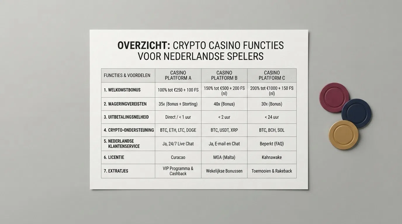 Een overzichtelijke vergelijkingstabel met de logo's van de top 10 crypto casino's naast kolommen voor bonus, wagering en uitbetalingssnelheid