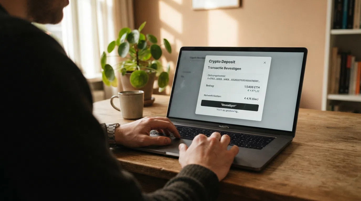 Een blockchain-transactie op een laptopscreen, met een casino-interface op de achtergrond die een storting in Bitcoin bevestigt