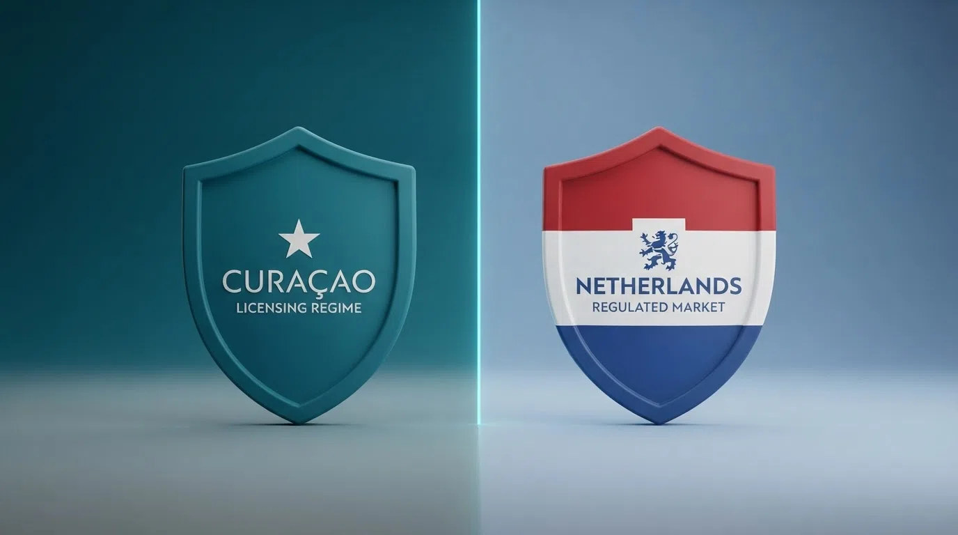 Een splitscreen met links het CGA-logo en een Curaçao-vergunning, rechts het KSA-logo en een Nederlandse vergunning — daartussen een streep die twee werelden scheidt