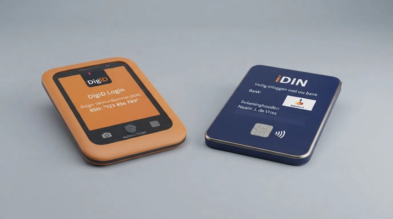 Een visuele vergelijking van DigiD (overheidsidentiteit, BSN-koppeling, Cruks-toegang) en iDIN (bankgekoppelde verificatiedienst voor casino's) — twee lagen die vaak door elkaar worden gehaald