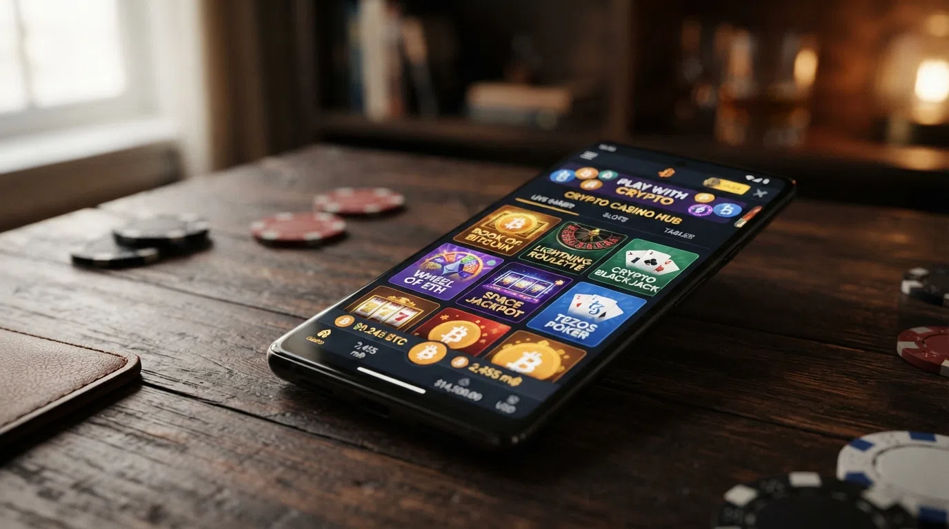 Een scherm met meerdere casino-speltegels — gokkasten, roulette en blackjack — met het Ethereum-logo als inzetvaluta