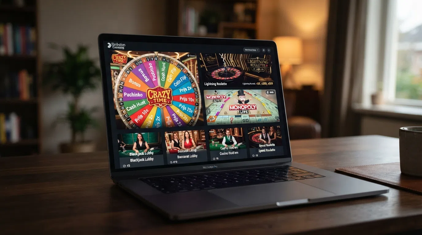 Het spelmenu van Evolution Gaming op een laptopscreen: Crazy Time, Lightning Roulette en Monopoly Live naast klassieke tafelspellen