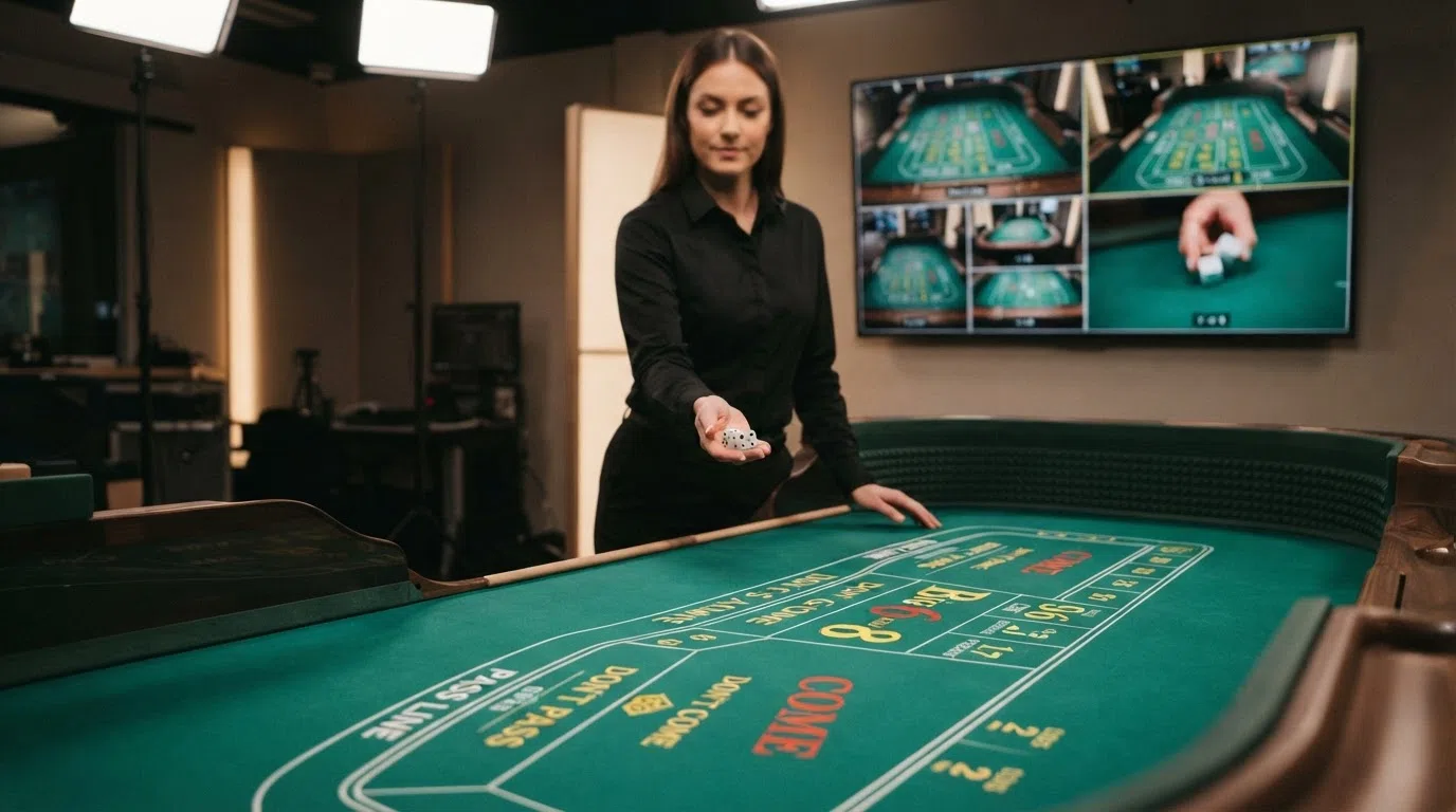 Een live dealer aan een Evolution Live Craps-tafel, herkenbaar aan de professionele studiobelichting en de dobbelstenen in de hand, met de meerdere camerastandpunten zichtbaar op een scherm op de achtergrond