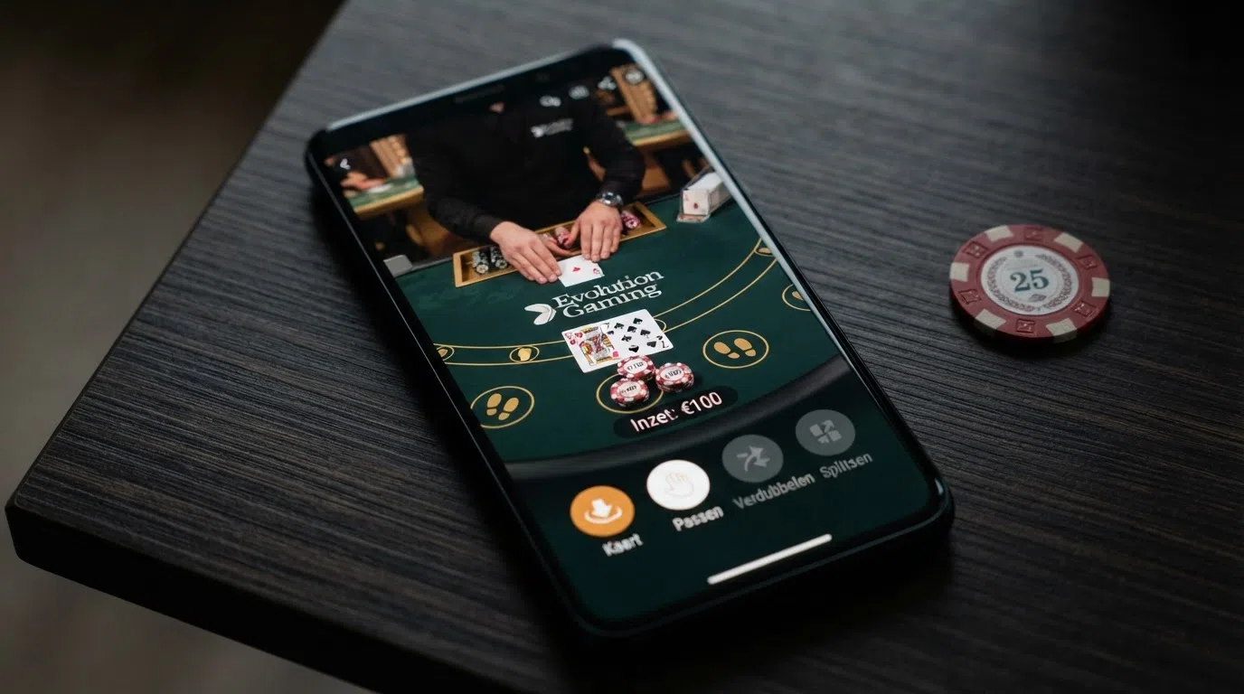 Een smartphone in landscape-modus met een Evolution live blackjack-tafel, chips en dealtimer zichtbaar op het touchscreen